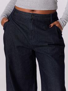 MUSERA 加大码深色水洗高腰阔腿宽松牛仔裤，休闲可爱，适合夏季度假、休闲旅行、优雅集体办公穿着，日常时尚百搭。 - 藍色 - 查看 5