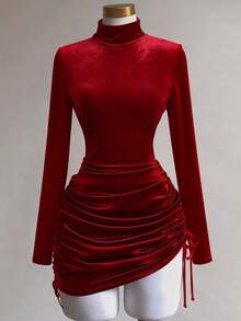 Franclia Đầm dự tiệc thanh lịch dành cho nữ, Đầm ôm body mini cổ cao dây rút nhung cho buổi đi chơi - Màu Đỏ Sâu - Xem 3