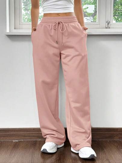 SHEIN EZwear Women's Summer Casual Loose Straight Leg Sweatpants, Lotus Root Pink Comfy Pants Pink Pants Loose Pants For Women Casual Pants For Women Drawstring Pants
