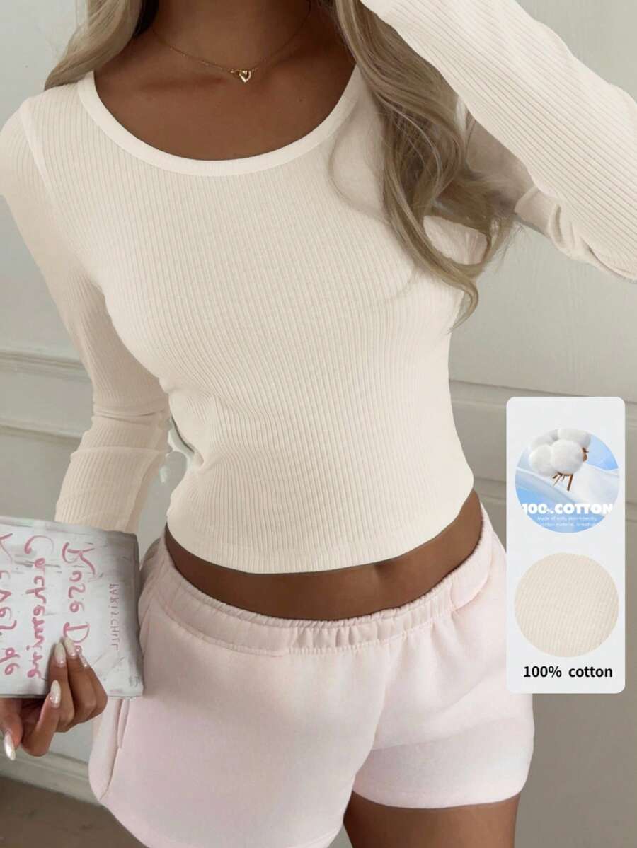 CovetEZ 杏色针织休闲女式T恤 - 杏色 - 查看 1