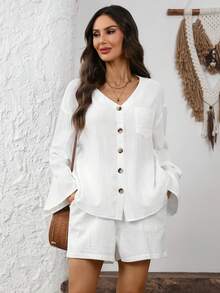 EMERY ROSE 女士度假休闲纯色喇叭袖衬衫和短裤两件套 - 白色 - 查看 3