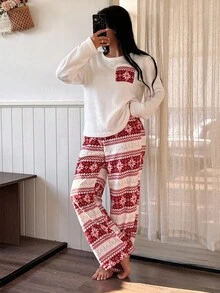 Lazeform 两件套撞色口袋抓绒圣诞印花长袖蓬松睡衣套装，女士冬季蓬松睡衣，3天送达，舒适套装，女士家居服，女士长袖家居服套装，套装包含1件和2件，圣诞秋季服装 - 彩色 - 查看 7