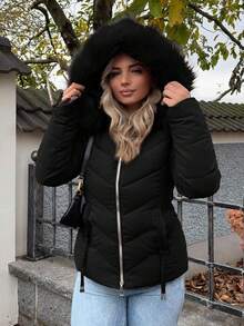 Jeta Ari Abrigo acolchado con capucha, cuello con cremallera, parche de unicolor y textura suave para mujer, para el invierno - Negro - Ver 5