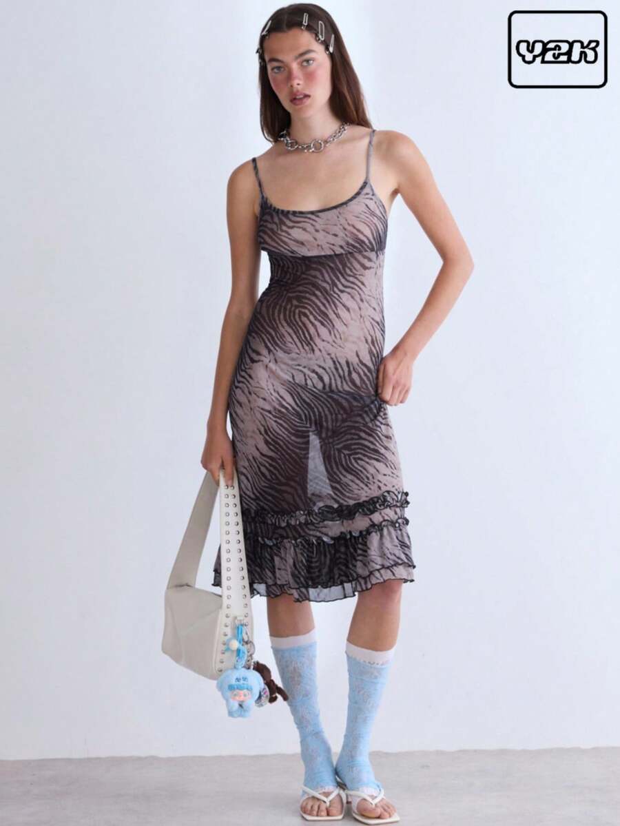 COUREZ Vestido camisero mini con estampado animal y volante en el bajo / Conjunto de ropa de verano estilo callejero Y2K para mujer, vestidos de verano vintage - Multicolor - Ver 1