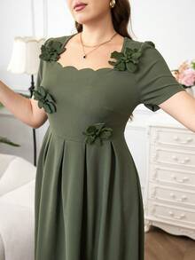 Reflora 大码优雅女士连衣裙，方领饰贝壳边，纯色 - 綠色 - 查看 8