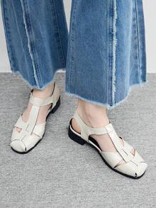 CUCCOO BIZCHIC Giày sandal đế mềm thoải mái, mũi kín, kiểu dáng La Mã, dệt thủ công, mùa hè, kiểu retro mới, mũi vuông, khoét rỗng, kiểu lồng heo cho nữ. - Màu be - Xem 5