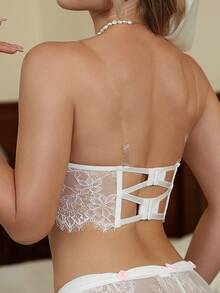 SHEIN Women's Fashion Comfortable Strapless Lace Wireless Bra - White - View 2