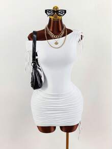 Amplova 2026 New Solid White Comfortable Asymmetric Ruched Bodycon Mini Dress For Women - White - View 1