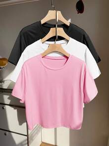 Comfortcana 3pcs/Set Plus Size Basic Crew Neck Short Sleeve Colorful T-Shirts - Pink - View 1