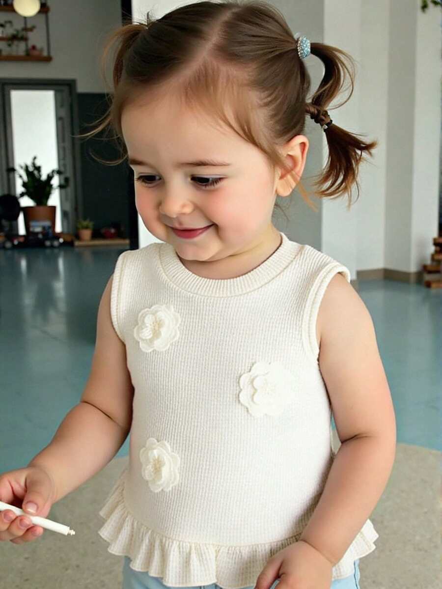 SHEIN Playful Pals 1件新款時尚可愛夏季度假米白色針織無袖上衣,甜美3D花朵裝飾拼接荷葉邊下擺圓領上衣,適合戶外日常穿著 - 杏色 - 查看 1