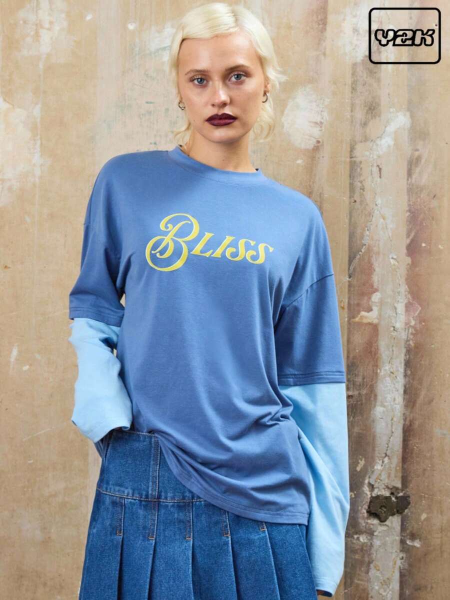 COUREZ Áo thun trượt ván dài tay hai lớp in khẩu hiệu / Quần áo mùa thu Y2K cho nữ Quần áo mùa đông cho nữ Áo đen thường ngày cho ngày Halloween - Màu xanh lam - Xem 1