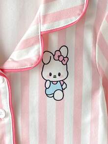 2件套 女童时尚可爱粉色条纹兔子印花甜美温柔翻领开衫长袖睡衣套装 - 粉色 - 查看 7