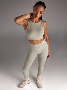 SHEIN BAE Bộ đồ tập yoga thể thao cổ tròn và quần legging có gân cho nữ - Màu Xám nhạt - Xem 6