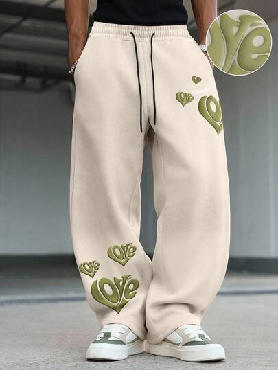 Herren Lässig Street Style Jogginghose mit Herz- und Englisch-Muster, gerade Passform, Herbst/Winter