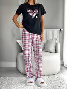 EURMUSE Cotton Heart Printed SHORT Sleeve Shrit& Plaid Pattern Sleep Pants Homewear Lounge Pajama Set For Ladies - Multicolor - View 4