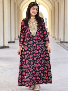 Đầm Abaya dài tay cổ chữ V họa tiết hoa, dáng rộng, tối giản, thoải mái cho bé gái tuổi teen. - Nhiều màu - Xem 2