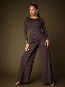 Solid Jersey Asymmetrical Panel Long Sleeve Wide Leg Jumpsuit - Black - View 3