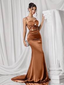 Coutiva 女士纯色亮片褶皱鱼尾修身优雅正式晚礼服（装饰款） - 咖啡棕 - 查看 6