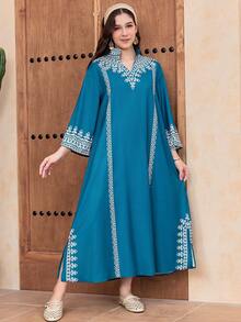 SHEIN Áo choàng dáng chữ A tay loe rộng, cổ đứng, in họa tiết retro, kiểu dáng nghỉ mát dành cho thiếu nữ. - Màu xanh lam - Xem 5