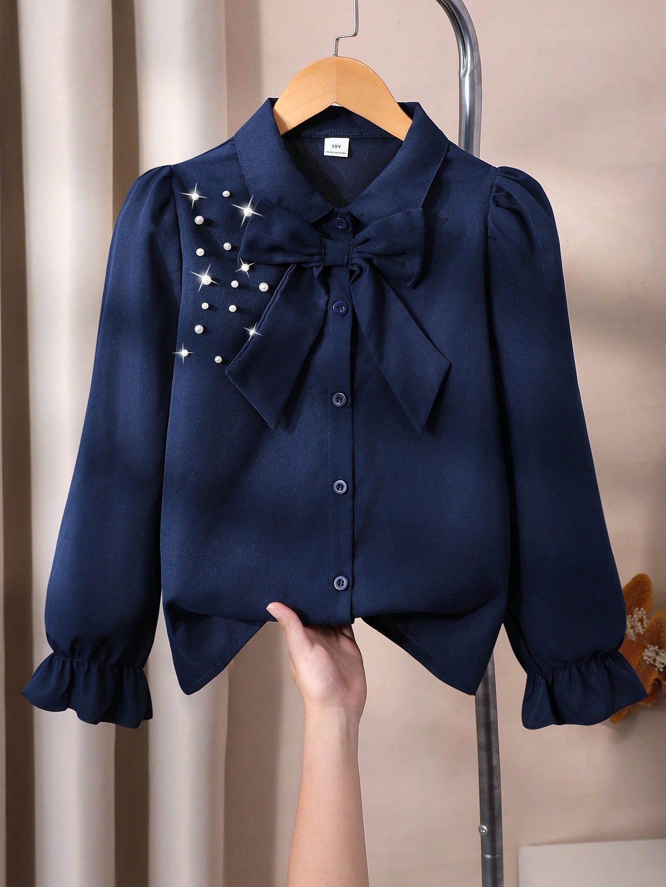 بلوزة للبنات، أكمام طويلة منتفخة، مزينة بالخرز على...