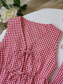 Sweetra European & American Summer New Red Retro Plaid Lace-Up Minimalist Straight-Leg Pants, Versatile Commuter Style, Two Pieces Set For Women - Burgundy - View 3