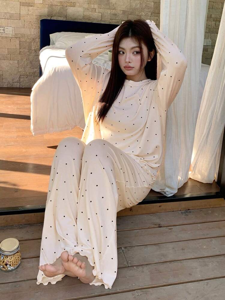 Dazy Plus Plus Size Women Polka Dot Print Loose Long Sleeve Top And Straight Leg Pants Pajama Set, Fashionable Sleepwear For Spring, Summer, Autumn