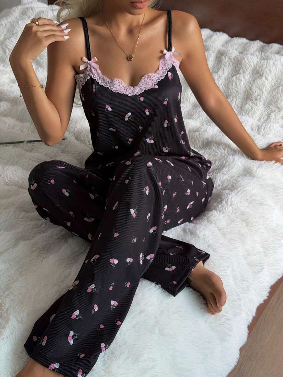 CottageSlumber Black Rib Knit Pajama Set For Women Sleeveless Spaghetti Strap Top With Random Print And Lace Trim Details Sleepwear - Black - View 1