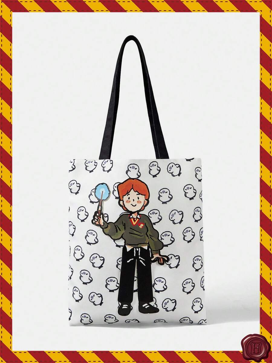 HARRY POTTER X SHEIN 一款时尚卡通可爱刺绣帆布包 - 白色B - 查看 1