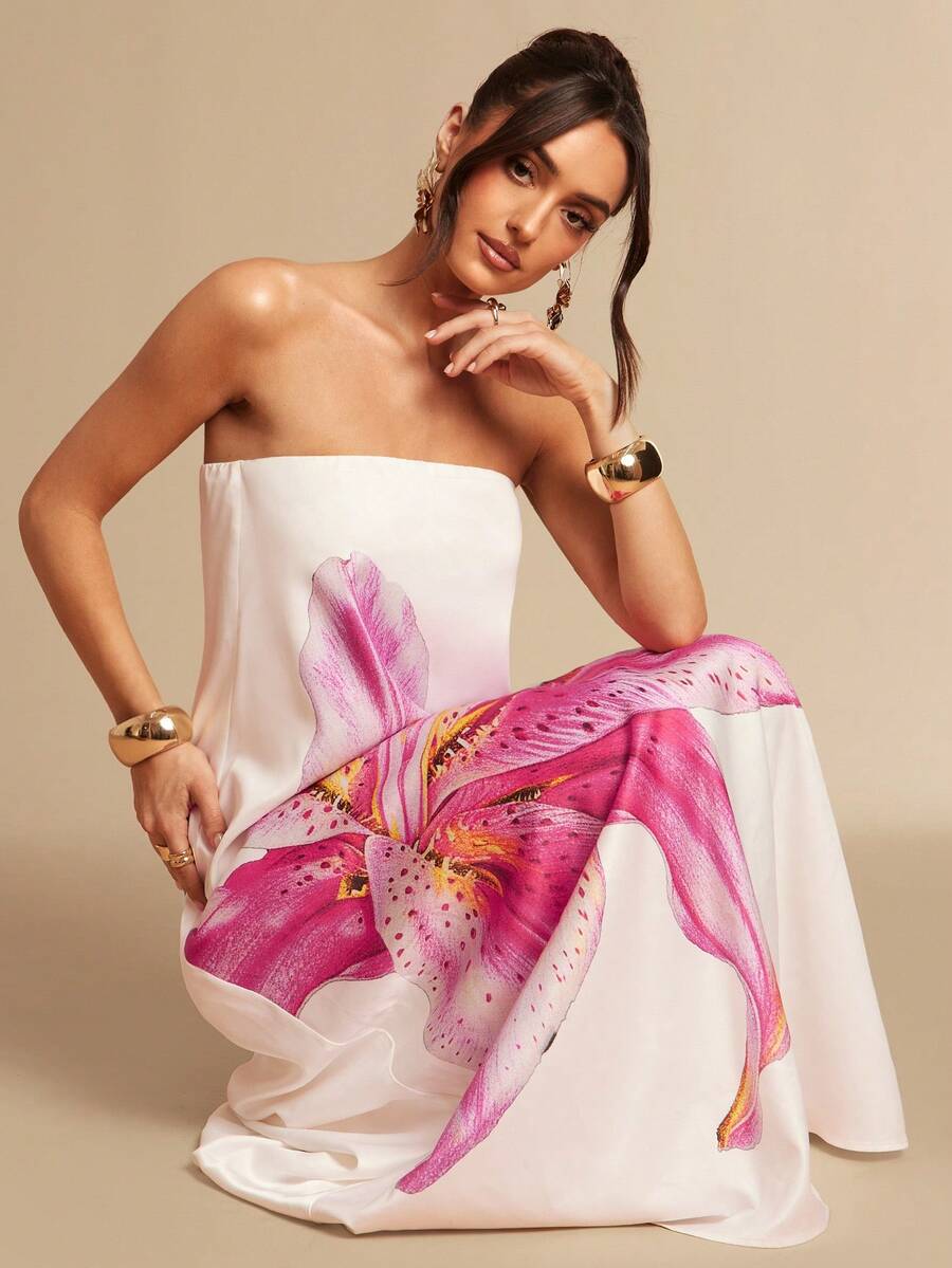 Silquee 女士夏季波西米亚风百合花印花宽松抹胸连衣裙 - 白色 - 查看 1