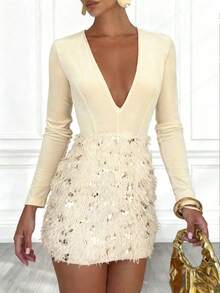 Rafferiza 深V领羽毛亮片拼接束腰性感女式连衣裙 - 杏色 - 查看 4