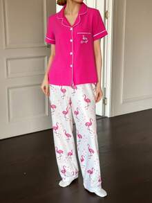 SHEIN Napfluff 女士荷叶边火烈鸟图案开衫短袖上衣和长裤睡衣套装 - 玫紅色 - 查看 5
