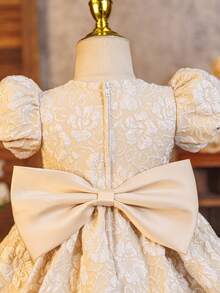 Glamorique Kids 女婴卡其色提花面料连衣裙，泡泡袖，短袖，后背蝴蝶结装饰，A字裙摆，优雅碎花公主裙，适合生日派对、宴会、日常穿着、节日等场合，高端品质 - 卡其色 - 查看 3