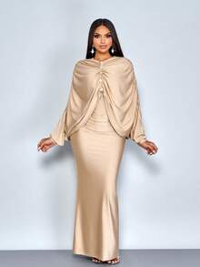 SOLERSUN Women's Autumn/Winter Solid Color Elegant And Romantic New Elegant Mature Charm Evening Gown, Dignified & Gentle,Button Decor Long Sleeve Graceful Mermaid Hem Bodycon Maxi Dress Fall Winter Cloth For Women Elegant Wear Party Wedding Vintage New Years - Khaki - View 3