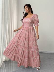 Elenzga Plus Size Square Neck Short Sleeve Elegant Vacation Dress - Pink - View 5