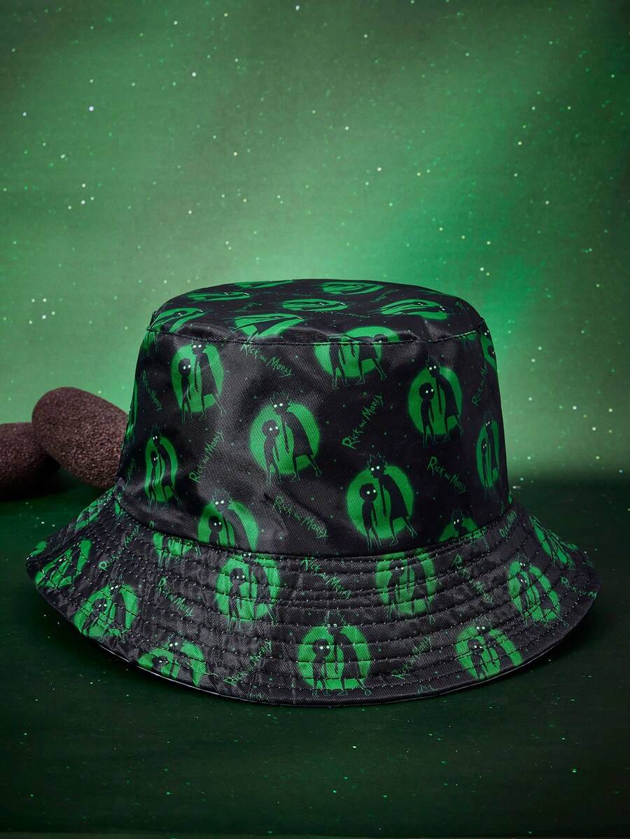 Rick and Morty X SHEIN 1顶卡通人物图案渔夫帽，时尚街头风 - A - 查看 1