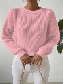 SHEIN LUNE Women's Casual Baby Pink Rib-Knit Round Neck Drop Shoulder Long Sleeve Regular Pullover Sweater - Baby Pink - View 3