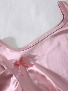 Rochie elegantă din satin pentru adolescente, rochie moale și confortabilă cu mâneci bufante, guler pătrat, cu mâneci tip felinar și decor cu fundă, potrivită pentru purtare zilnică, petreceri de ziua de naștere, evenimente