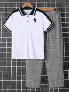 SHEIN 男婴休闲百搭都市学院风短袖POLO衫+弹力腰格子裤套装（2件套），适合通勤、上学、休闲外出、运动、春夏、情人节、约会、新年、旅行、度假、家庭聚会、返校、婚礼、正式场合、健身等场合。