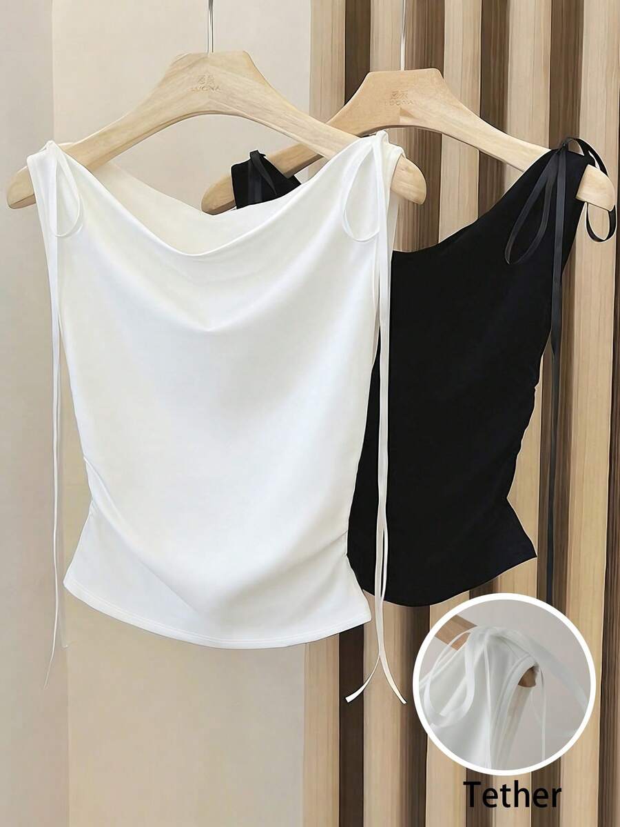 GlowEve Women's White Milk Silk Fabric Boat Neck Off Shoulder Sleeveless Ribbon Bow Design Waist Cinching Sexy Outfit, Birthday Gift, Date, Party, Workplace High-Vibe Outfit, Teacher Outfit, School Girl Style, Spring Top, Shirt, Summer Top, Shirt, Summer Vest, Spring Summer New Essential Fashion Niche Design Versatile Sleeveless Waist Cinching Vest - White - View 1