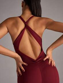 SHEIN BAE 1 pieza Vestido deportivo de mujer de unicolor con espalda descubierta, corte cruzado, sin mangas, ajuste ceñido, para Año Nuevo Chino - Burdeos - Ver 7