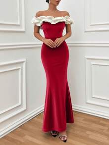 EURMUSE Two Tones Off Shoulder Ruffle Trim Bodycon Dress, Elegant Dress - Red - View 6