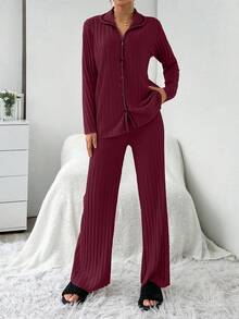 EURMUSE 2pcs/Set Contrast Color Stitching Ribbed Cardigan Pajama Set - Burgundy - View 3