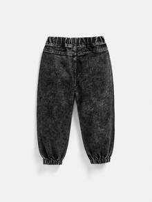 Y2K Style Black Washed Denim Gothic Print Jogger Pants For Young Boys, Elastic Waistband, Split Hem Design, Suitable For Daily Fashion, Travel, Party - Black - View 2
