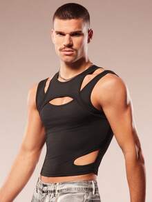Men's Fashion Solid Color Hollow-Out 2 In 1 Tank Top Men Sexy Top Men S Muscle Shirts - Black - View 5