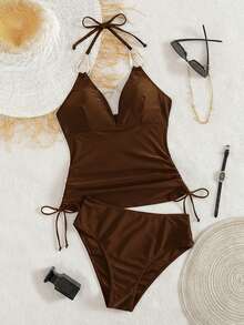 Swim Chiccia Women's Black Metal Jewelry V-Neck Wrinkle Drawstring Fashionable And Elegant Ladies Tankini, Suitable For Beach Music Festival Spring/Summer - Coffee Brown - View 6