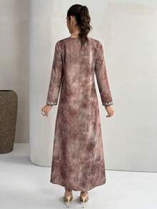 Al Najma Women's All-Over Print Long Sleeve Turkish Kaftan & Arabic Traditional Maxi Dress - Brown - View 6