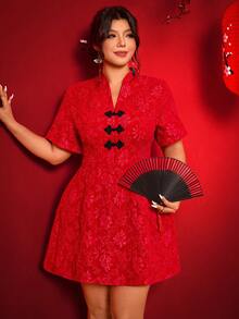 Elenzga Plus Size Women's Black Button V-Neck Jacquard Fabric A-Line Chinese New Year Dress - Red - View 7