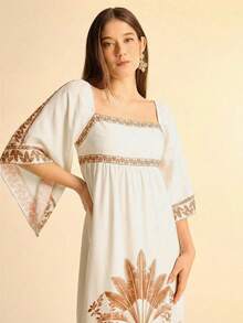 CAJUNI 女士度假休闲波西米亚热带粉色椰子树印花飘逸中袖沙滩长裙 - 彩色 - 查看 4