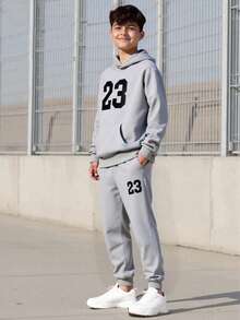 Vacaura 2pcs/Set Casual Hoodie & Jogger Pants Set, Printed Design, Suitable For Teen Boy's, Leisure Wear - Grey - View 1