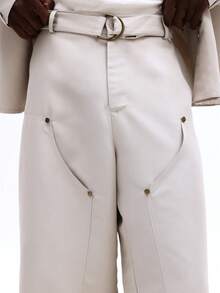 SUMWON Relaxed Fit Carpenter Pants With Self Fabric Belt Multiple Pockets Work Utility Trousers Clean Waist Design Casual Workwear Style - Khaki - View 8